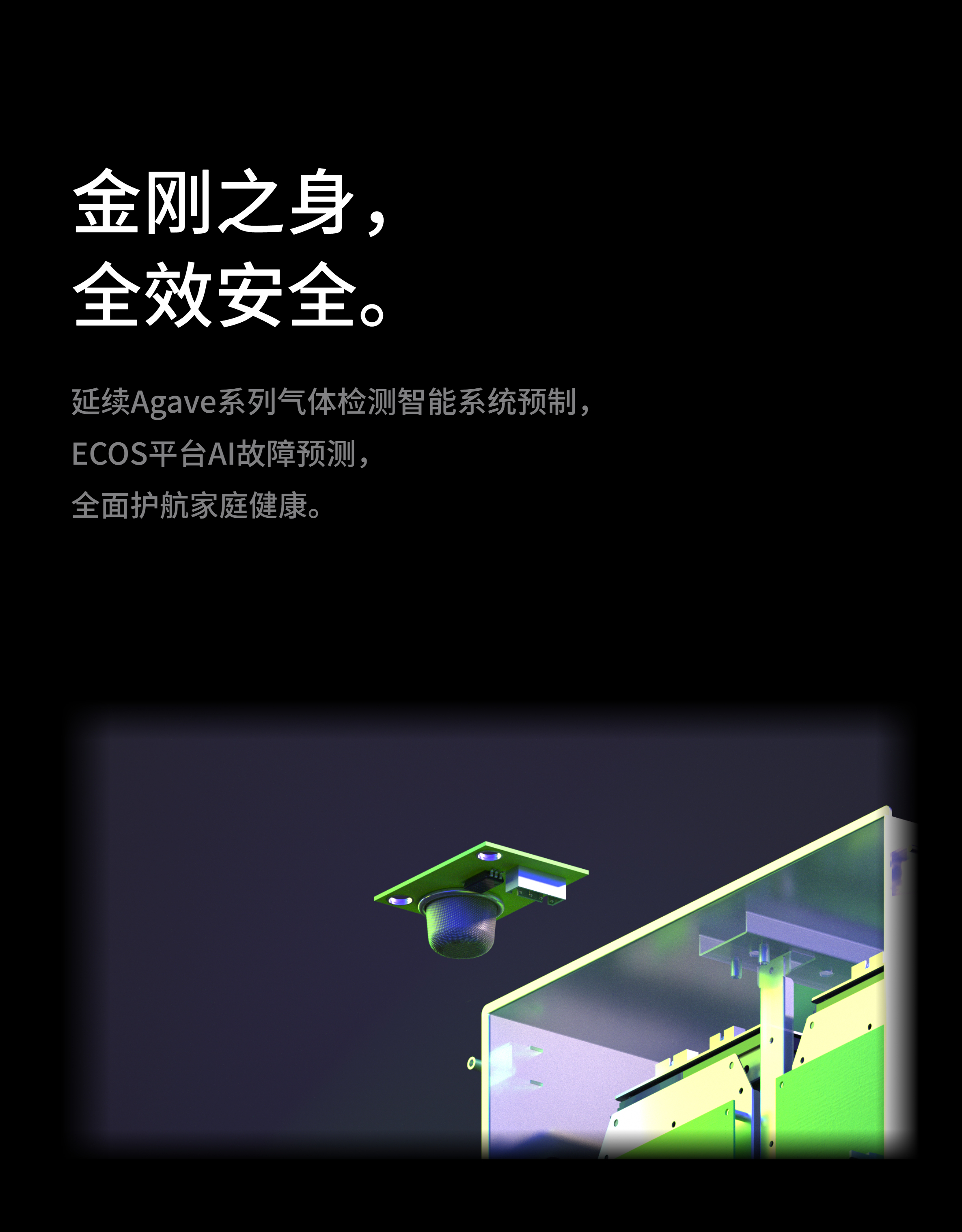 金刚之身，全效安全！
延续Agave系列气体检测智能系统预制，ECOS平台AI故障预测，全面护航家庭健康。